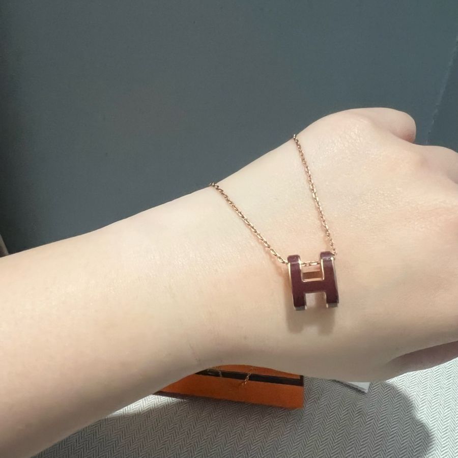Hermes 愛馬仕 pop 大H項鍊 酒紅*玫瑰金鍊-2