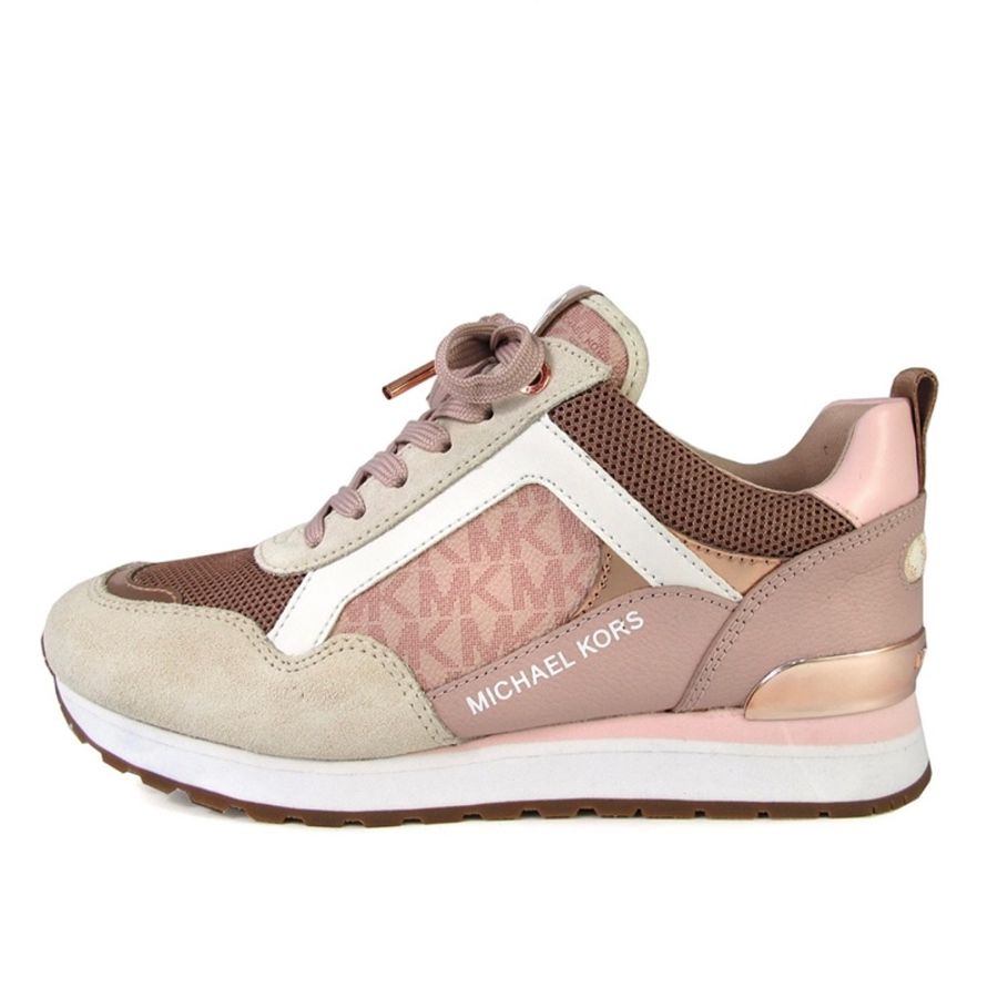 MICHAEL KORS Welma Trainer 金字Logo異材質混搭內增高休閒鞋(粉)-1