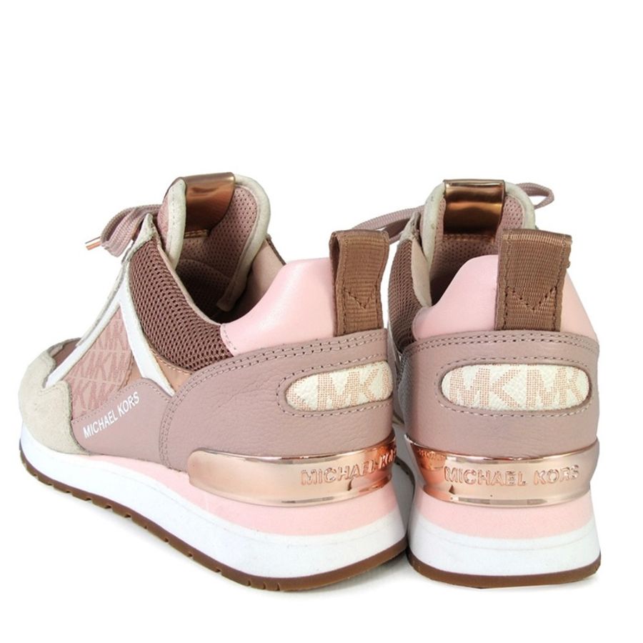 MICHAEL KORS Welma Trainer 金字Logo異材質混搭內增高休閒鞋(粉)-2