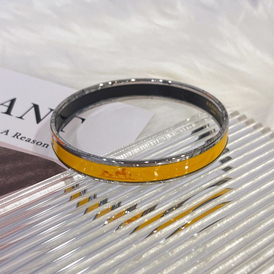 HERMES 愛馬仕 黃色 銀框 細版 馬車 LOGO琺瑯手環/手飾/手鐲/飾品-0