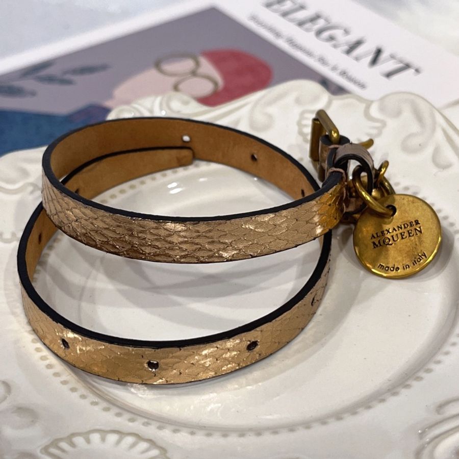 Alexander McQueen MCQ 經典香檳金皮革多圈骷髏頭鐵牌手環/手飾/飾品-2