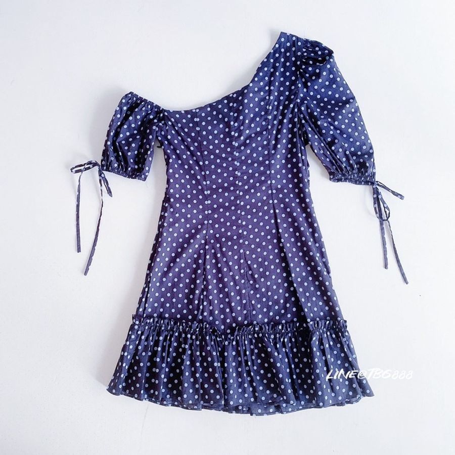 Majorelle 深藍點點荷葉邊洋裝-5