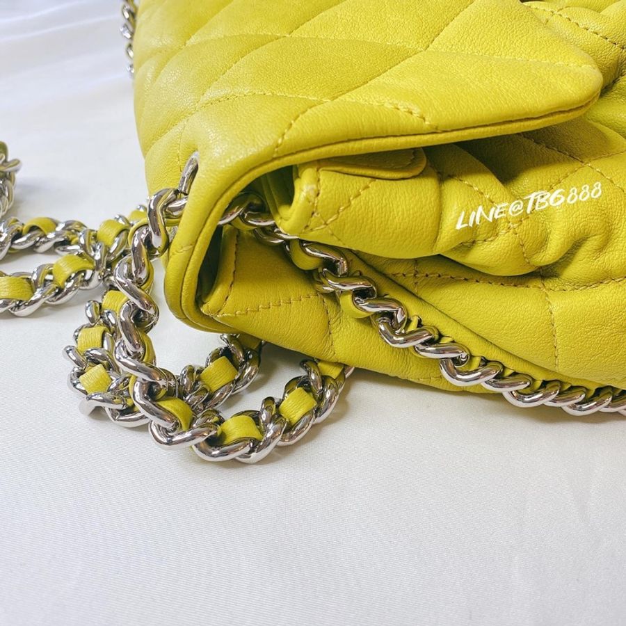 全新 未使用 Chanel Washed Lambskin Chain Around Neon Yellow 黃色 抓皺掀蓋包 大款-4