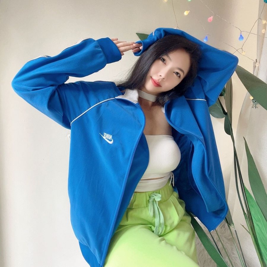 nike天藍經典薄料素面運動夾克 古董古著棉質立領拉鍊外套vintage-0