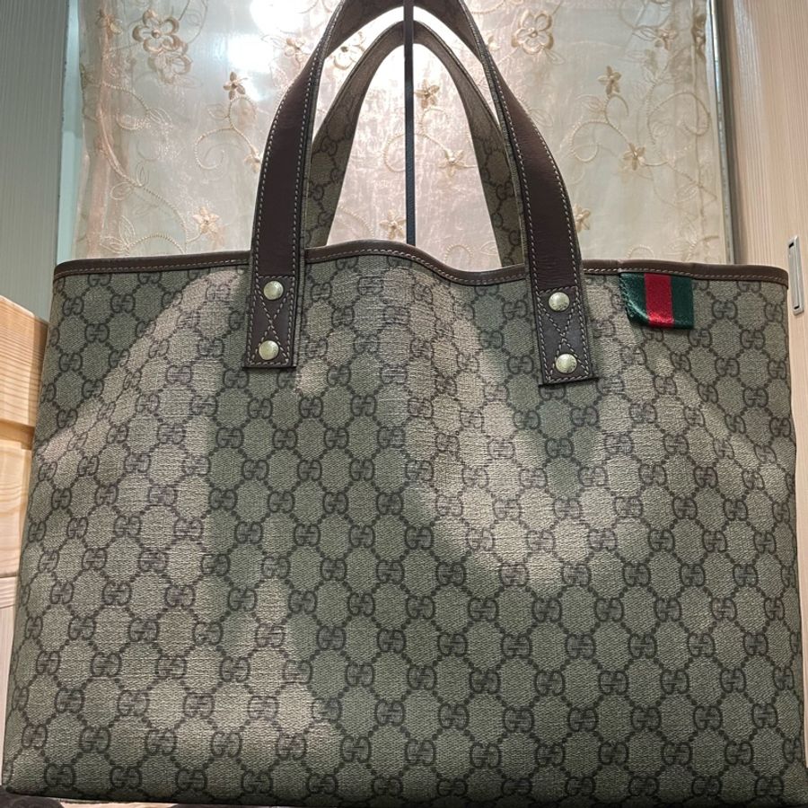正品二手GUCCI 帆布托特包 211134 雙G印花手提單肩包/兩用包/古馳/購物袋/雙面/手提袋-0