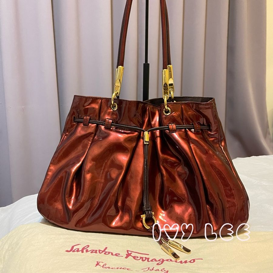 Salvatore Ferragamo 酒紅漆皮托特包 肩背包 單肩背包 手拿包 精品包 二手正品-0