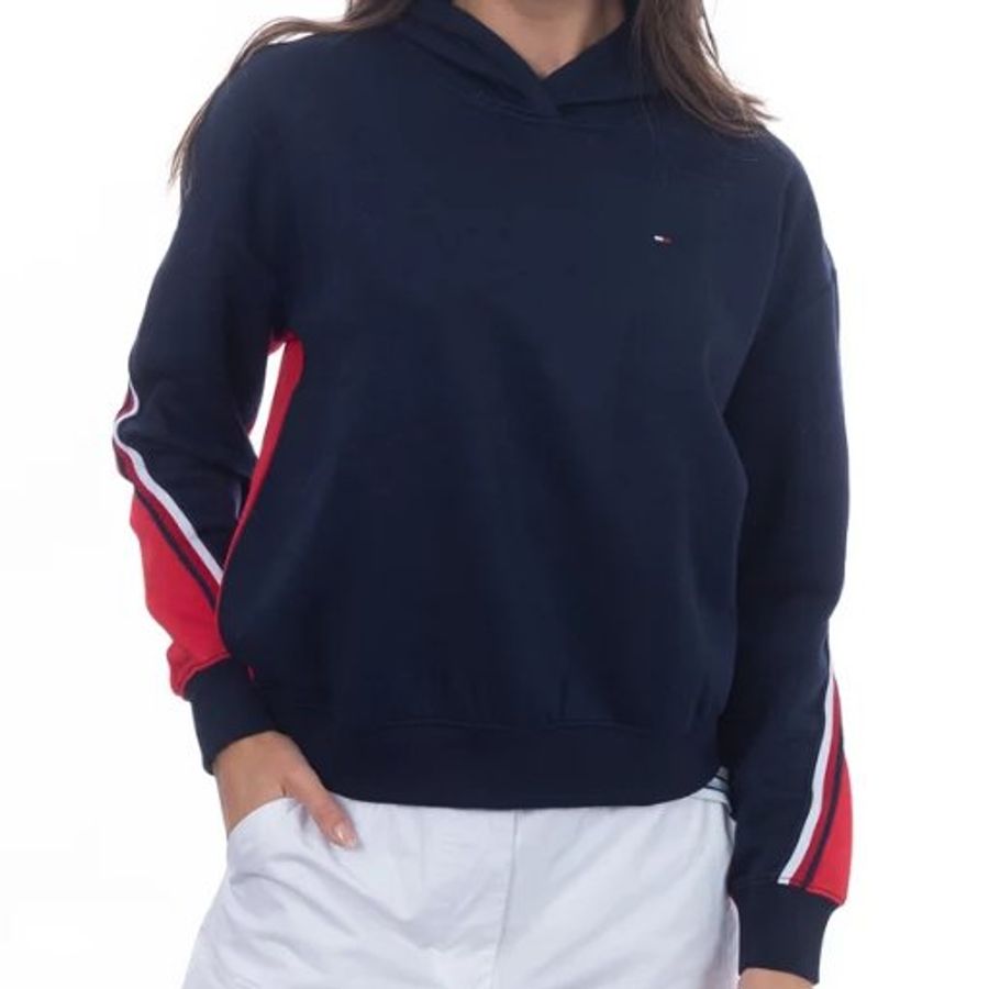 (全新)Tommy Hilfiger (女) 品牌招牌紅藍拚色 內刷薄毛輕保暖連帽上衣/大學T-0