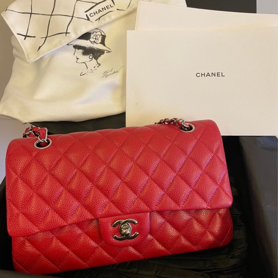 Chanel Classic Flap 25.5 紅色荔枝皮 銀釦 中號-0