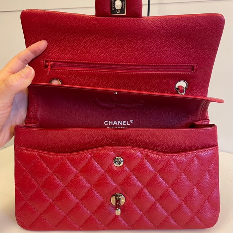 Chanel Classic Flap 25.5 紅色荔枝皮 銀釦 中號-2