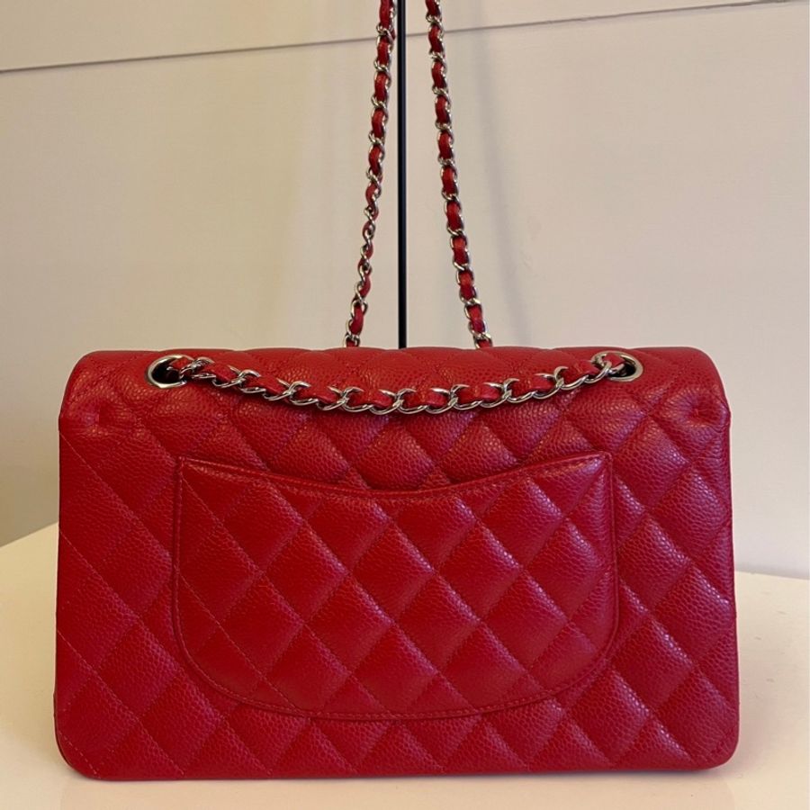 Chanel Classic Flap 25.5 紅色荔枝皮 銀釦 中號-5