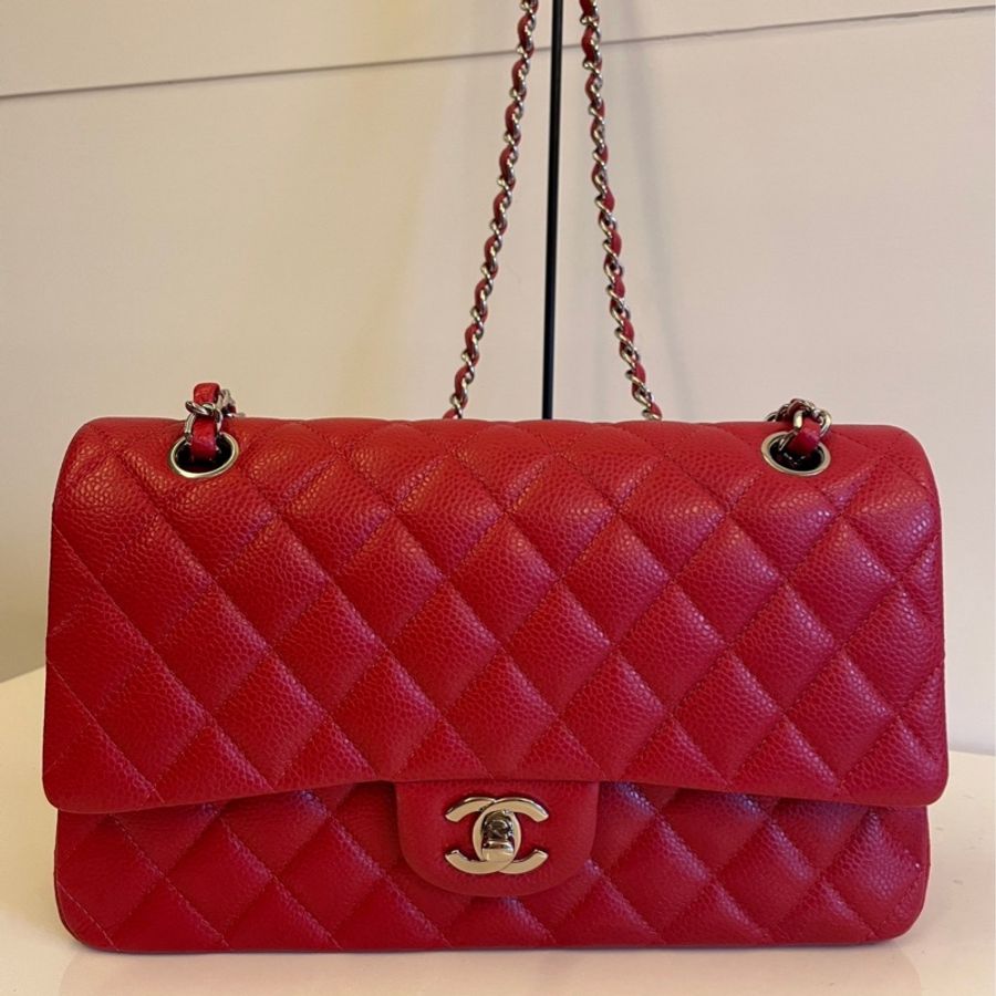 Chanel Classic Flap 25.5 紅色荔枝皮 銀釦 中號-6