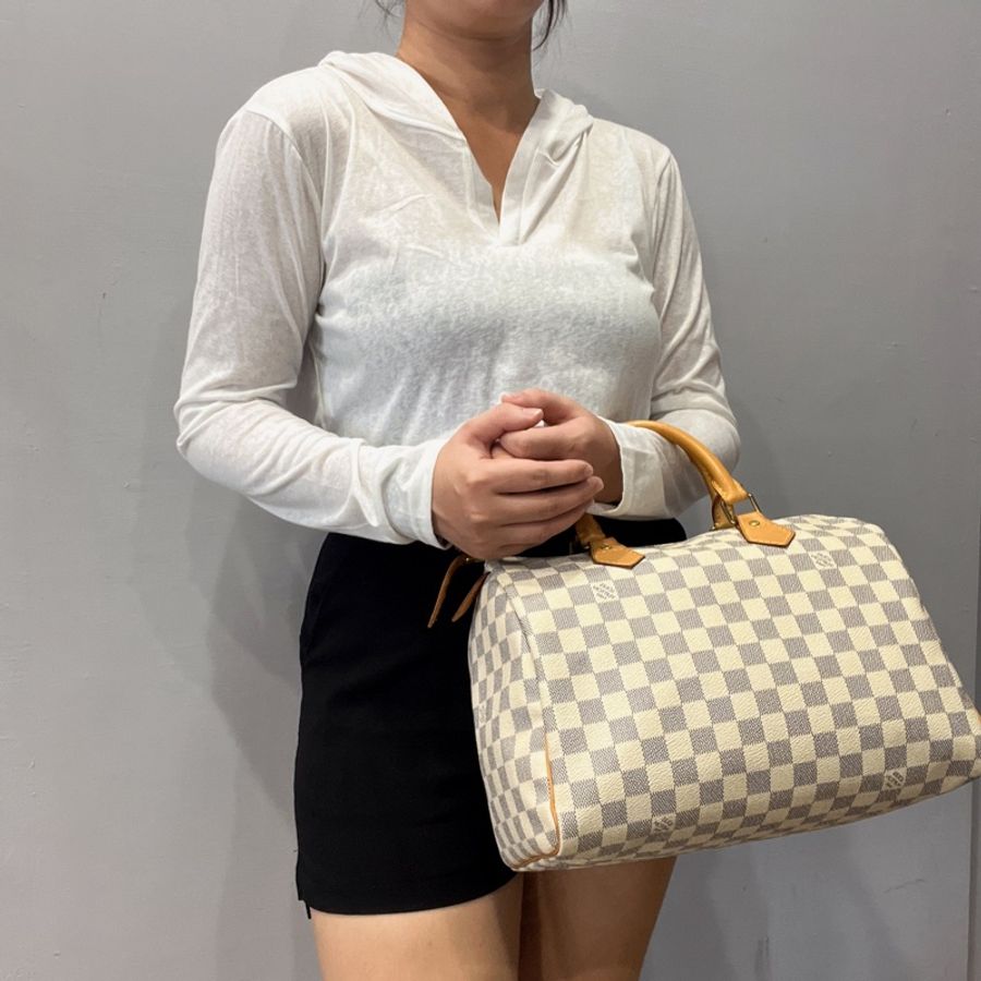 Louis Vuitton LV 白色棋盤格Speedy波士頓30公分手提包/斜背包-15