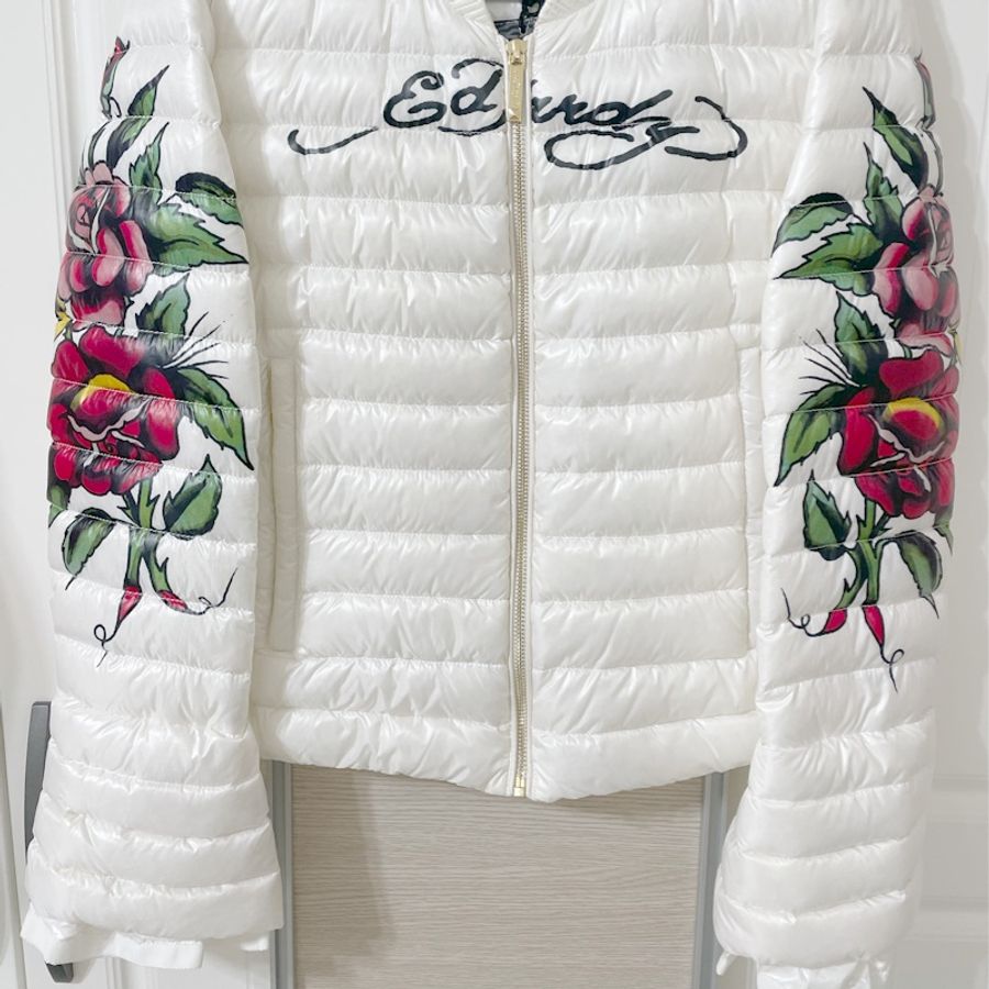 美國潮牌ED hardy老虎牌愛殺骷髏玫瑰彩色塗鴉白色羽絨外套-9