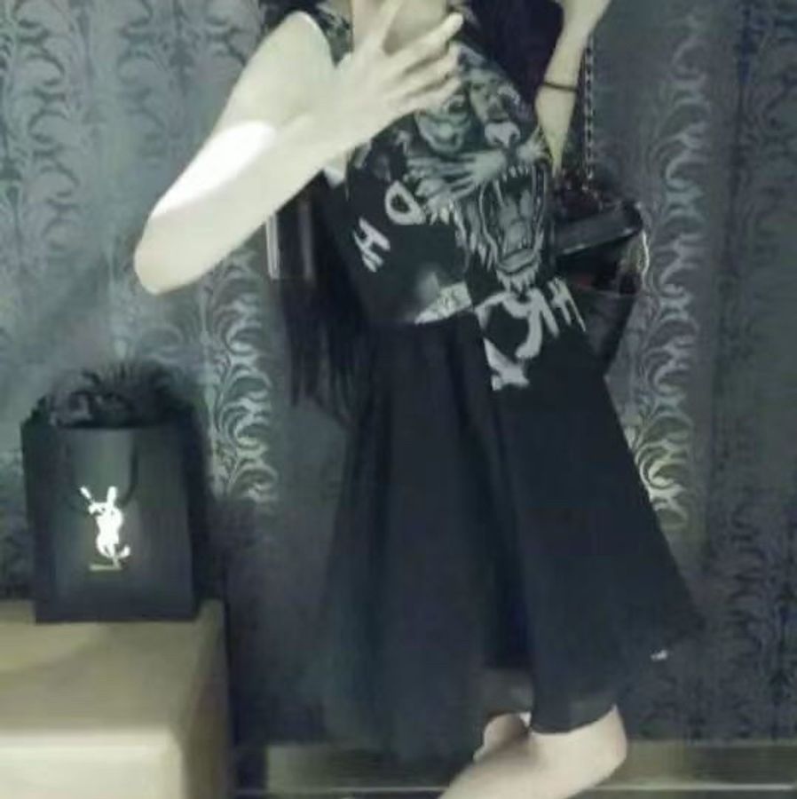 美國潮牌Ed hardy龐克搖滾風老虎頭骷髏玫瑰黑白暈染塗鴉無袖連身裙 洋裝 連身紗裙 傘裙 澎澎裙-1
