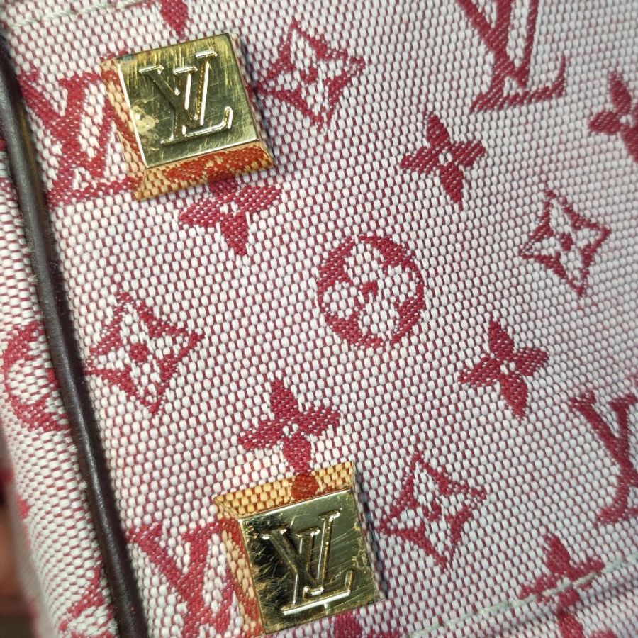 LV老花丹寧系列醫生包-酒紅色/粉布面-8