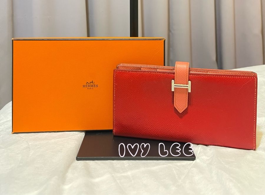 HERMES 愛馬仕 BEARN 精品長夾 EPSOM 紅膚拼色 Q刻 二手正品-0