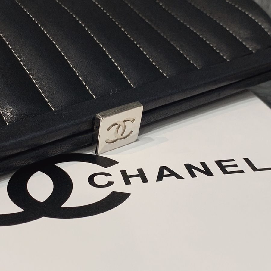 CHANEL 香奈兒 黑色銀扣 直條紋 祖母包/晚宴包/手拿包-8