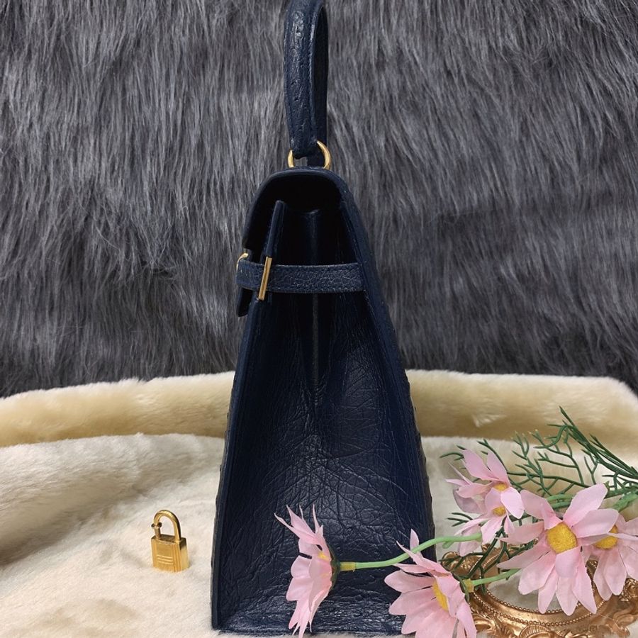 MORABITO莫拉比托 法國奢華品牌藍色鴕鳥皮凱莉包/手提包-7
