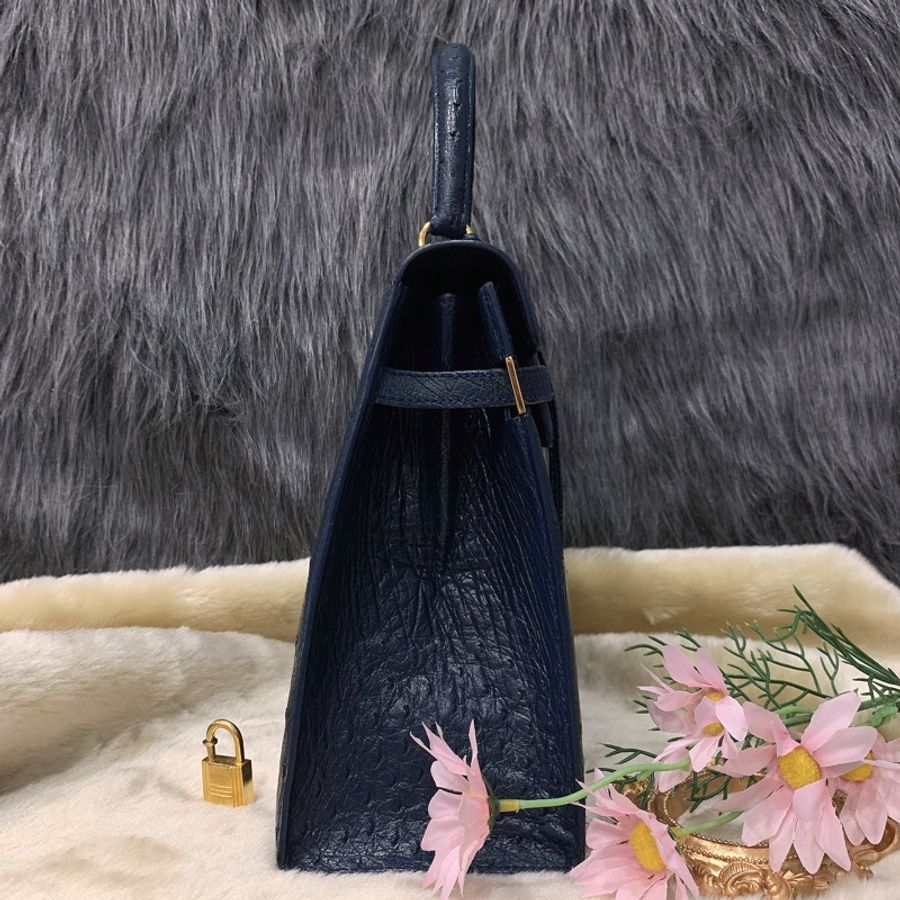 MORABITO莫拉比托 法國奢華品牌藍色鴕鳥皮凱莉包/手提包-8