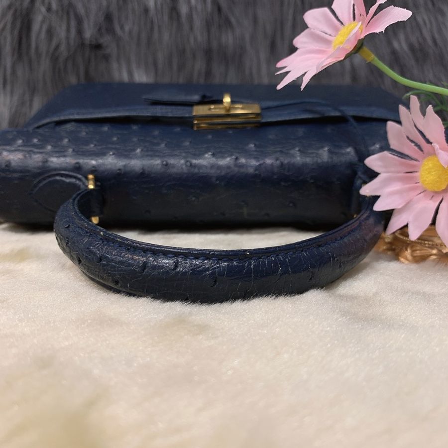 MORABITO莫拉比托 法國奢華品牌藍色鴕鳥皮凱莉包/手提包-9