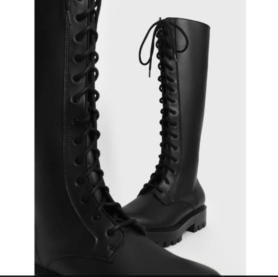 【CHARLES & KEITH】厚底綁帶及膝靴-黑色，37號-4