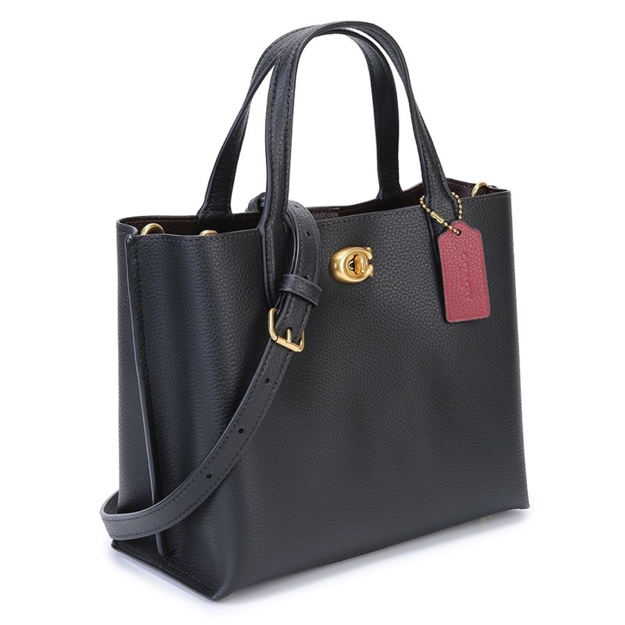 COACH Willow Tote 24 素面荔枝紋皮革手提/斜背兩用托特包-黑色-3