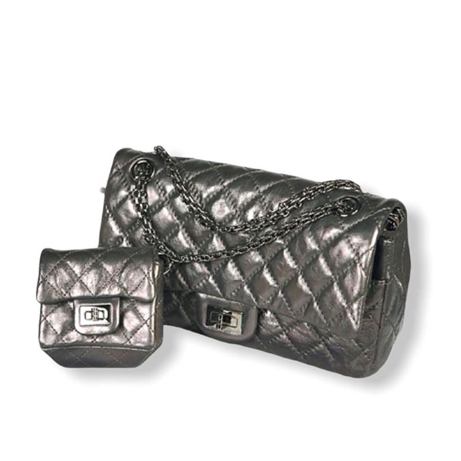 🍒CHANEL2.55鐵灰色小牛皮皮泛帶金屬光澤 +迷你掛包(2F1330001)-0