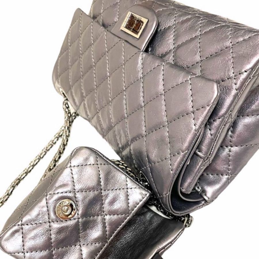 🍒CHANEL2.55鐵灰色小牛皮皮泛帶金屬光澤 +迷你掛包(2F1330001)-10