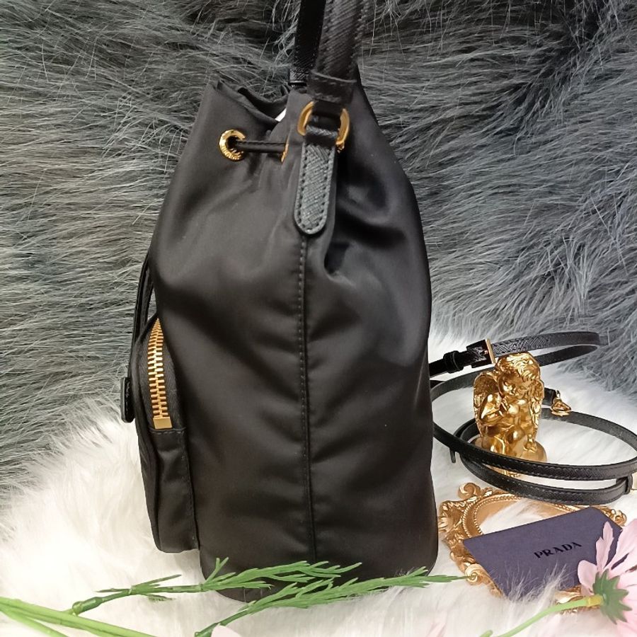 PRADA DUET黑色金釦尼龍布 手提水桶包/斜背包-3
