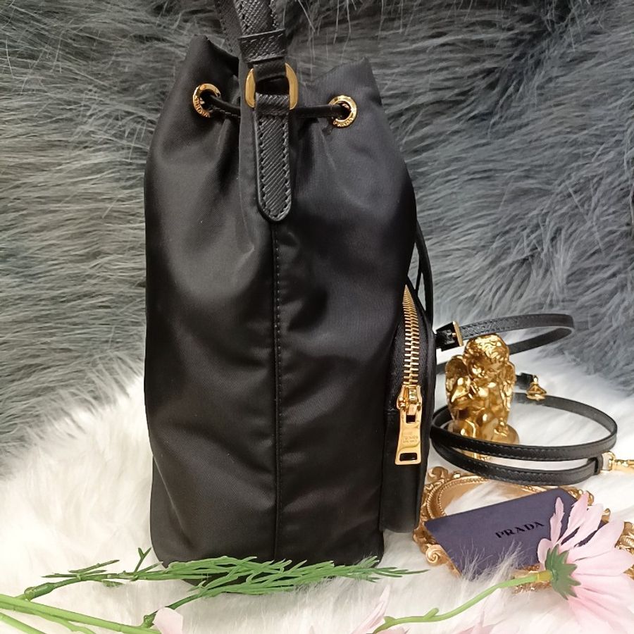 PRADA DUET黑色金釦尼龍布 手提水桶包/斜背包-4