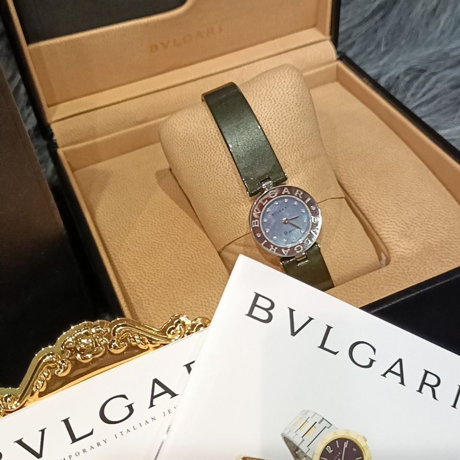 BVLGARI 寶格麗 b.zero1 珍珠母貝12整點鑽 皮帶蛋糕錶/手錶-0