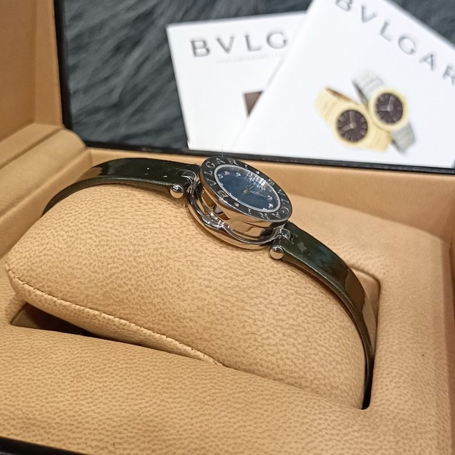 BVLGARI 寶格麗 b.zero1 珍珠母貝12整點鑽 皮帶蛋糕錶/手錶-4