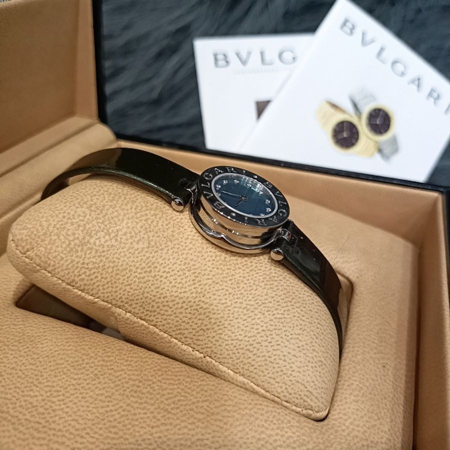 BVLGARI 寶格麗 b.zero1 珍珠母貝12整點鑽 皮帶蛋糕錶/手錶-5