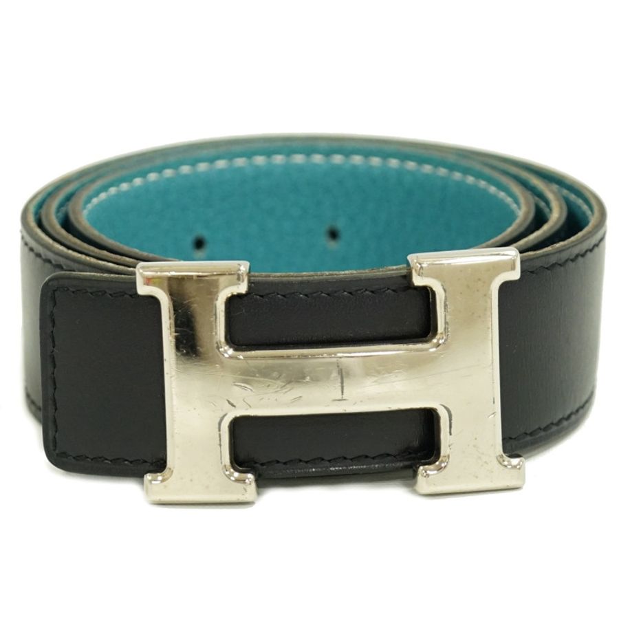 正品愛馬仕 HERMES H 腰帶 Constance 雙面腰帶 □F 雕刻 2002 皮革黑色藍色牛仔褲淺藍色銀色硬件女士服裝配件二手-0