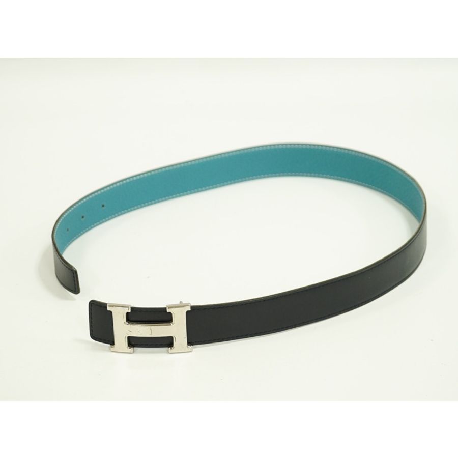 正品愛馬仕 HERMES H 腰帶 Constance 雙面腰帶 □F 雕刻 2002 皮革黑色藍色牛仔褲淺藍色銀色硬件女士服裝配件二手-1