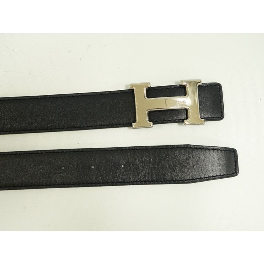 正品愛馬仕 HERMES H 腰帶 Constance 雙面腰帶 □F 雕刻 2002 皮革黑色藍色牛仔褲淺藍色銀色硬件女士服裝配件二手-3