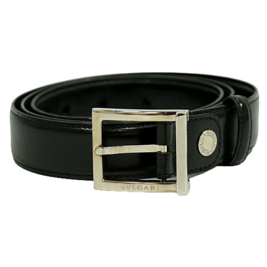 正品 Bvlgari BVLGARI 皮革腰帶黑色銀色金屬配件男裝配件二手-0