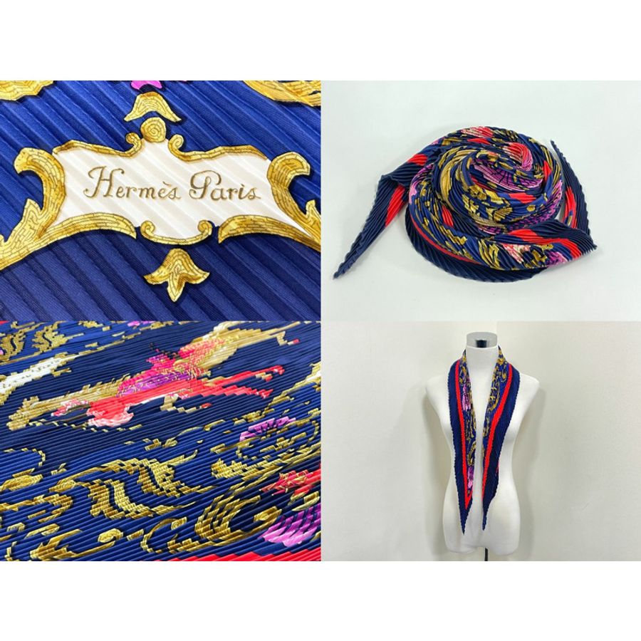 正品愛馬仕 HERMES 百褶 Carre Cheval Turc 土耳其馬百褶圍巾真絲海軍服配飾二手-7