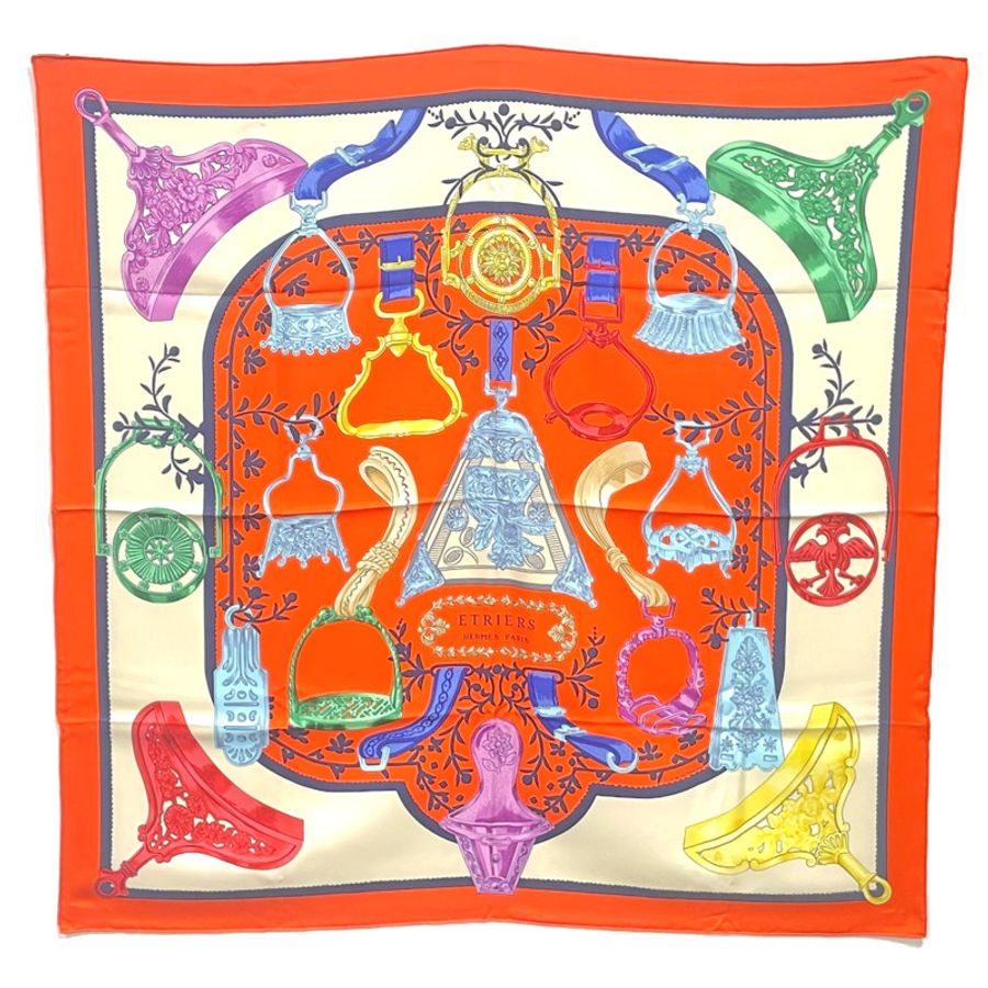正品愛馬仕 HERMES 圍巾 Carre Carre 90 ETRIERS 馬鐙圍巾披肩頭巾絲綢橙色多色服裝配件使用-0