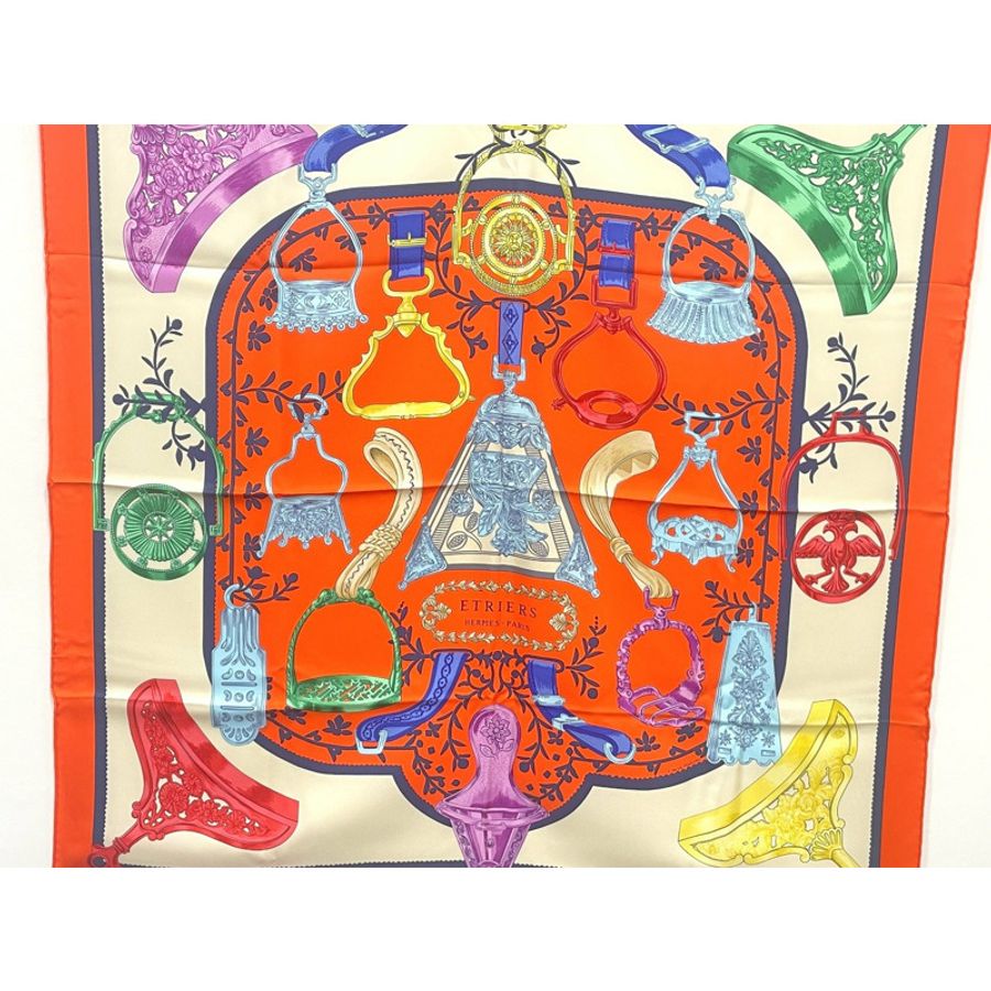 正品愛馬仕 HERMES 圍巾 Carre Carre 90 ETRIERS 馬鐙圍巾披肩頭巾絲綢橙色多色服裝配件使用-1