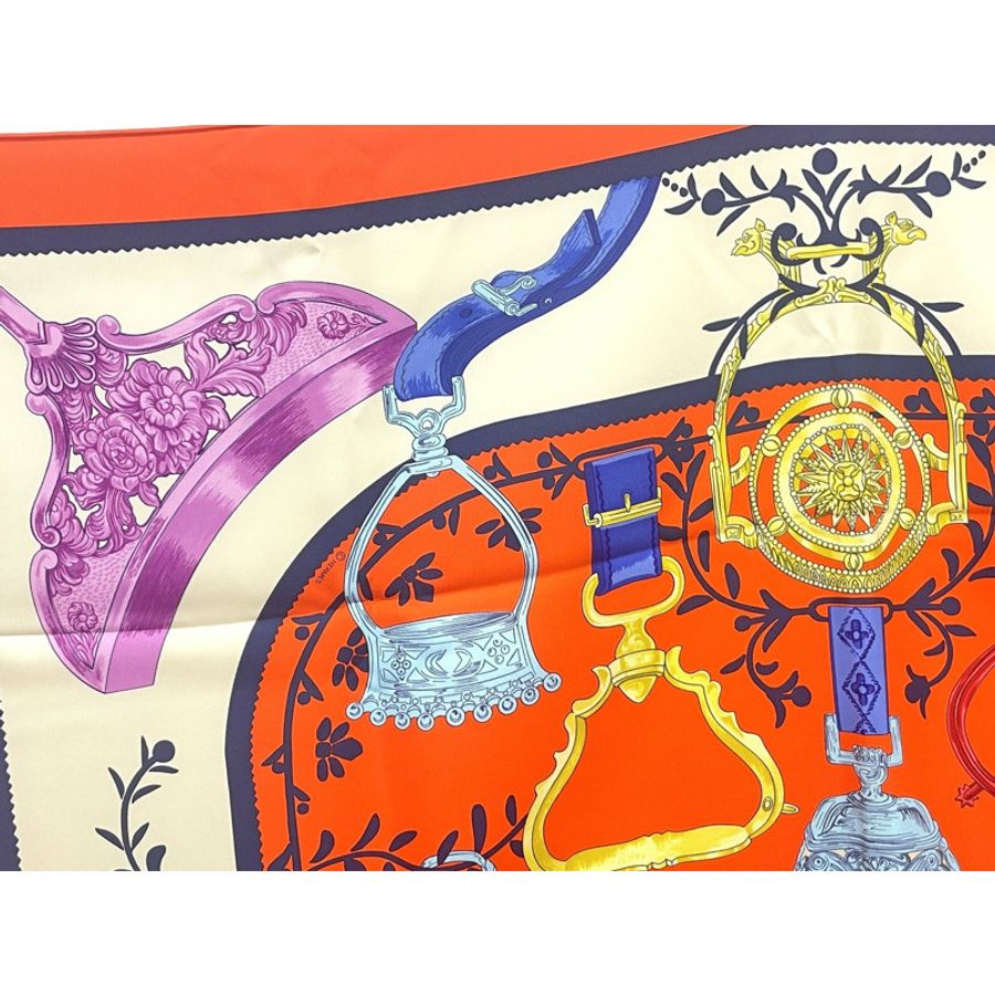 正品愛馬仕 HERMES 圍巾 Carre Carre 90 ETRIERS 馬鐙圍巾披肩頭巾絲綢橙色多色服裝配件使用-2
