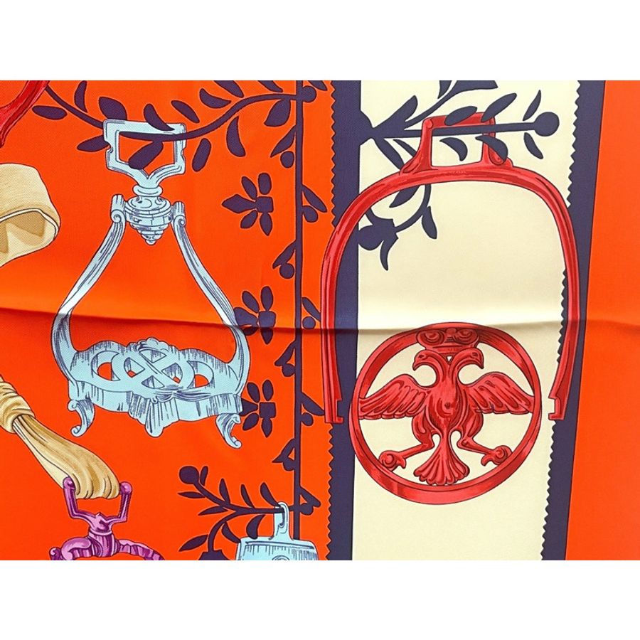 正品愛馬仕 HERMES 圍巾 Carre Carre 90 ETRIERS 馬鐙圍巾披肩頭巾絲綢橙色多色服裝配件使用-3