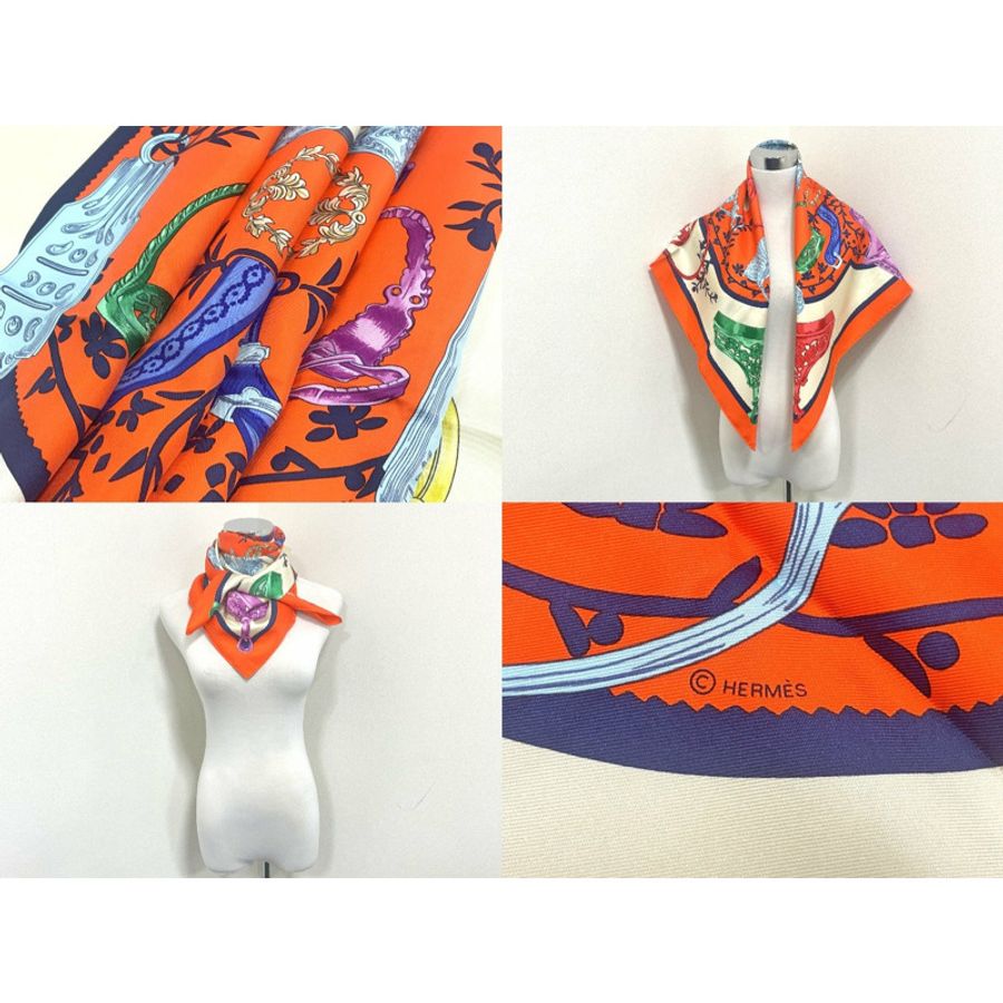 正品愛馬仕 HERMES 圍巾 Carre Carre 90 ETRIERS 馬鐙圍巾披肩頭巾絲綢橙色多色服裝配件使用-7