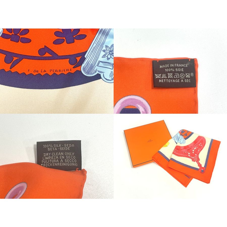 正品愛馬仕 HERMES 圍巾 Carre Carre 90 ETRIERS 馬鐙圍巾披肩頭巾絲綢橙色多色服裝配件使用-8