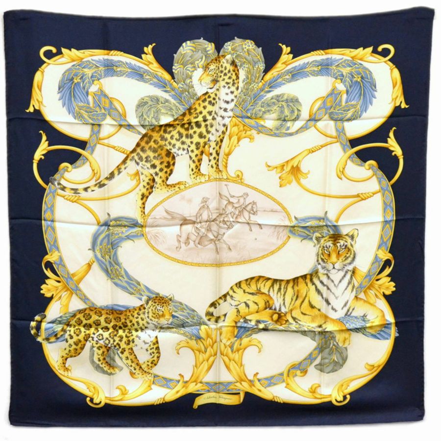 正品 Salvatore Ferragamo Salvatore Ferragamo 動物圖案豹紋虎頭巾披肩絲綢海軍白色服裝配飾二手-0