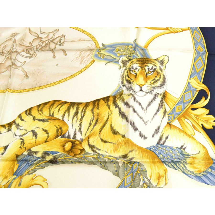 正品 Salvatore Ferragamo Salvatore Ferragamo 動物圖案豹紋虎頭巾披肩絲綢海軍白色服裝配飾二手-1