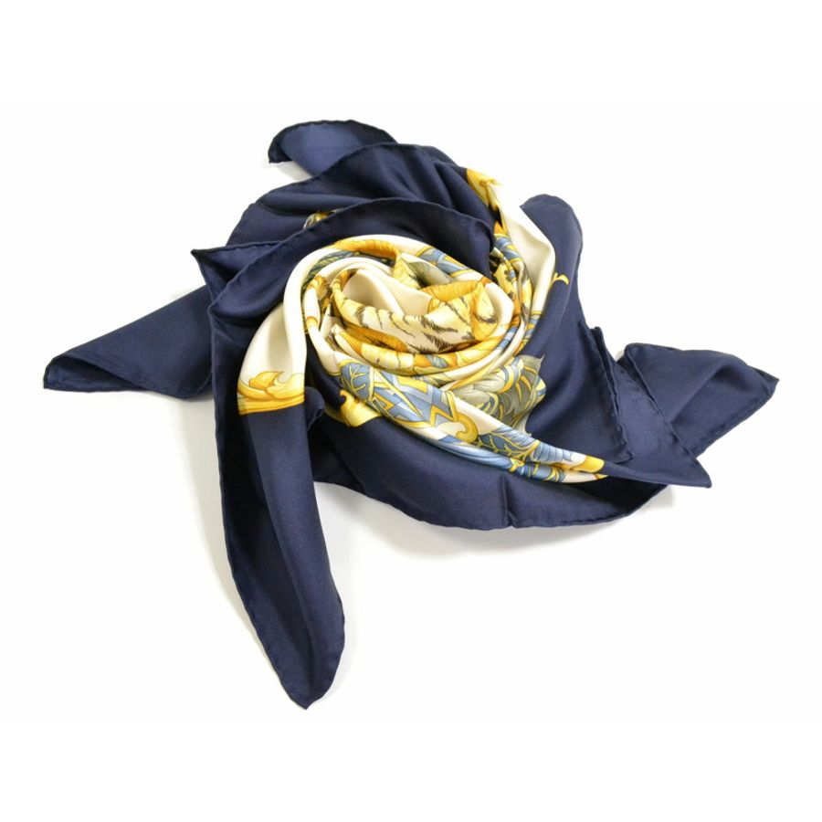 正品 Salvatore Ferragamo Salvatore Ferragamo 動物圖案豹紋虎頭巾披肩絲綢海軍白色服裝配飾二手-4