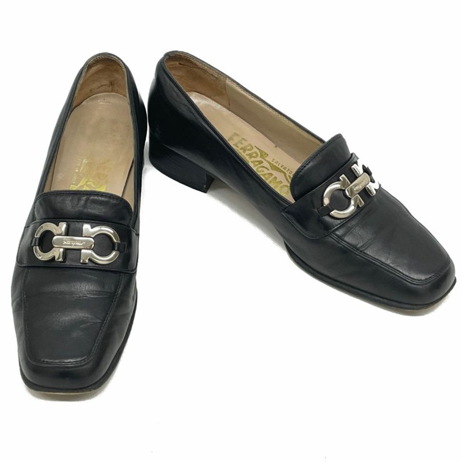 正品 Salvatore Ferragamo Salvatore Ferragamo Gancini 樂福鞋 6 皮革黑金硬件女士 Gancini 鞋鞋二手-0