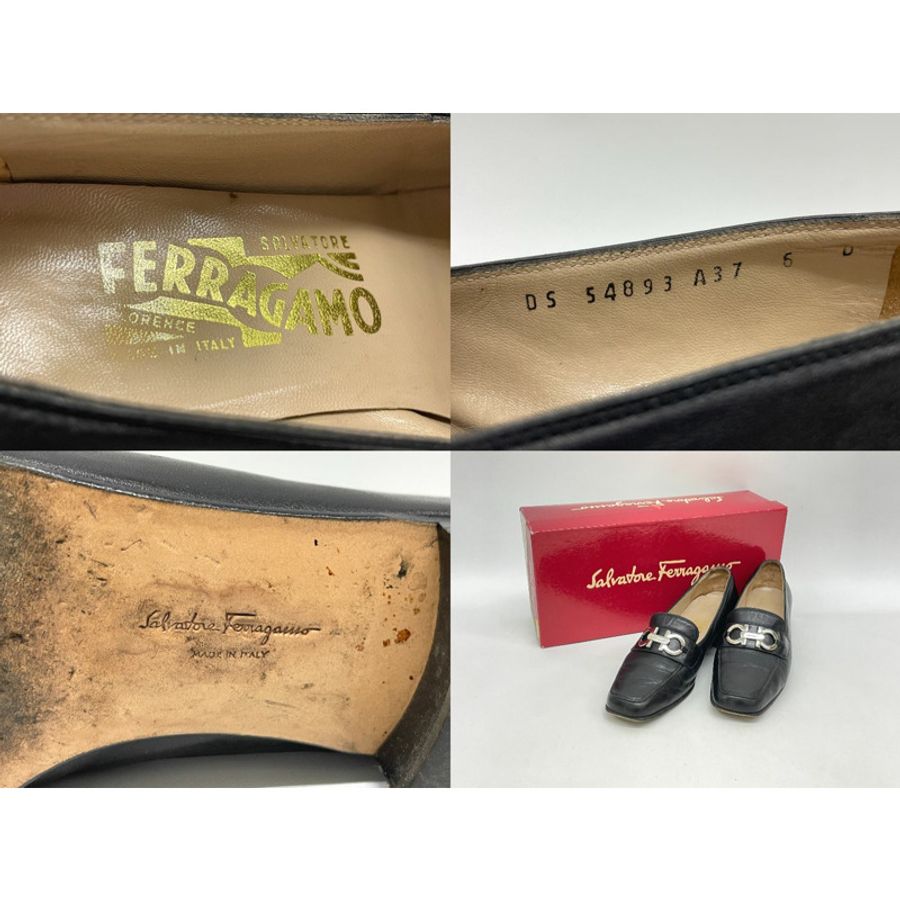 正品 Salvatore Ferragamo Salvatore Ferragamo Gancini 樂福鞋 6 皮革黑金硬件女士 Gancini 鞋鞋二手-8