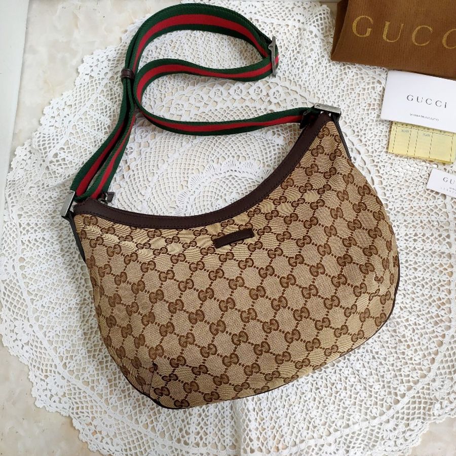 9成新正品gucci 經典綠紅背帶+gg緹花半月斜背包（附專櫃購買證明）-0